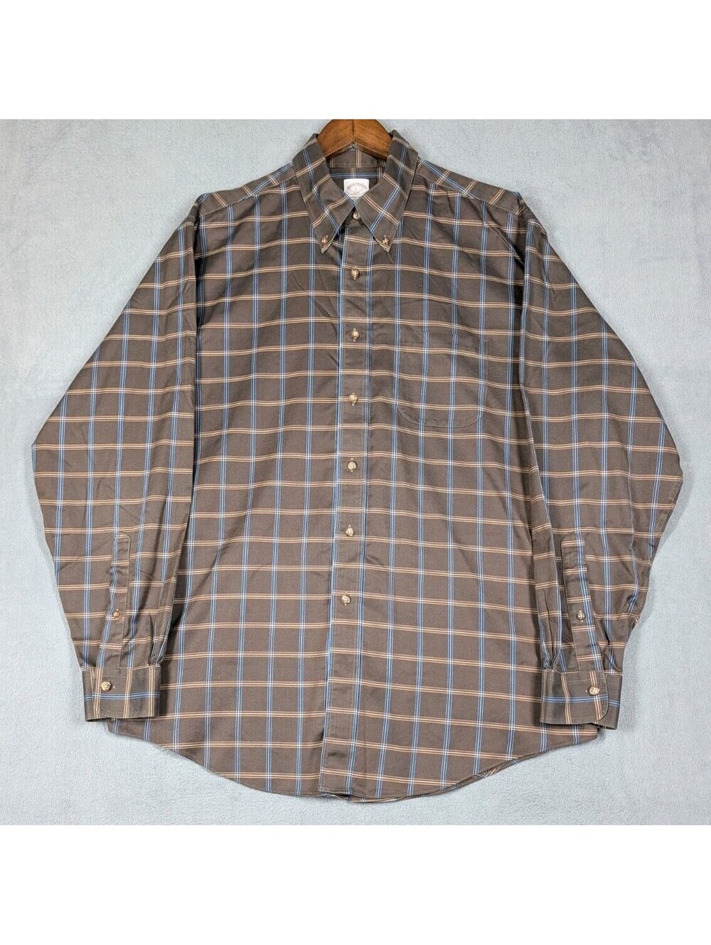 Brooks Brothers Mens L Brown Blue Plaid 346 Non Iron Cotton Buttondown Shirt Ivy